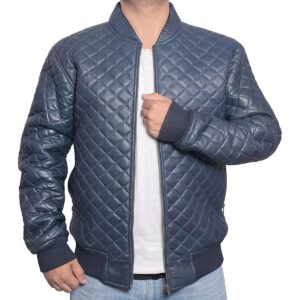 Zafy Leather Men's Jacket Genuine Lambskin Navy Blue Leather Bomber Quilted Jacket - Image 1
