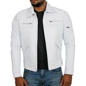 Zafy Leather Men's White Jacket Genuine Lambskin Leather Casual Motorcycle Racer Jacket - Image 1