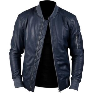 Zafy Leather Men's Real Leather Bomber Jacket Navy Blue Cafe Racer Motorcycle Retro Jacket - Image 1