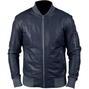 Zafy Leather Men's Real Leather Bomber Jacket Navy Blue Cafe Racer Motorcycle Retro Jacket - Image 3