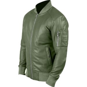 Zafy Leather Olive Green Bomber Jacket For Mens Pure Lambskin Cafe Racer Jacket - Image 2