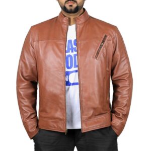 Zafy Leather Jacket Men's Tan Real Sheepskin Biker Cafe Racer Coat Jacket - Image 1
