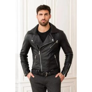Zafy Leather Black Leather Jacket For Men Pure Sheepskin Slim Fit Biker Racer Jacket - Image 3