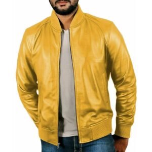 Zafy Leather Bomber Jacket Men Yellow Genuine Lambskin Casual Wear Jacket - Image 1