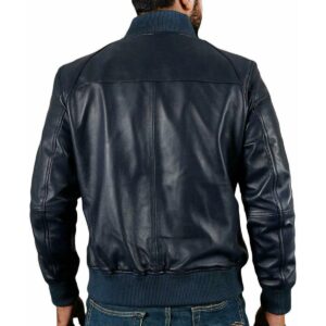 Bomber Casual Leather Jacket Men Genuine Lambskin Navy Blue Coat Jacket - Image 2
