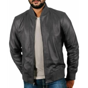 Zafy Leather Mens Gray Leather Bomber Jacket Genuine Real Leather Jacket For Men - Image 1