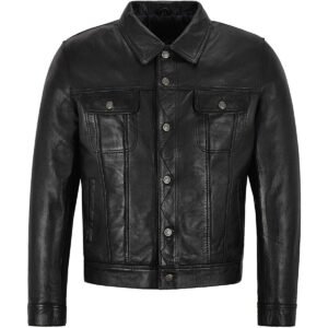 Zafy Leather Men's Black Trucker Jacket 100% Real Leather Classic Biker Jacket