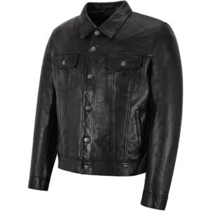 Zafy Leather Men's Black Trucker Jacket 100% Real Leather Classic Biker Jacket - Image 2