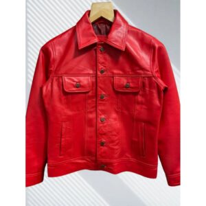 Zafy Men's Genuine Lambskin Leather Trucker Jacket Red Biker Denim Style Jacket - Image 3