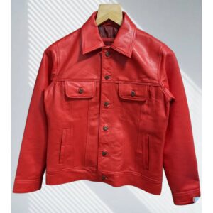 Zafy Men's Genuine Lambskin Leather Trucker Jacket Red Biker Denim Style Jacket - Image 1