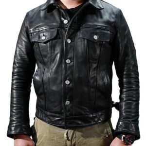 Zafy Leather Men's Soft Black Leather Trucker Jacket American Western Denim Style Jacket - Image 1