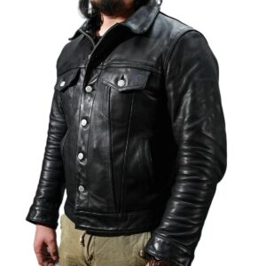 Zafy Leather Men's Soft Black Leather Trucker Jacket American Western Denim Style Jacket - Image 3