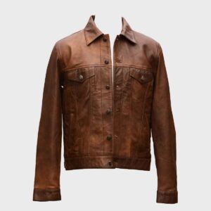 Zafy Leather Men's Brown Vintage Western Trucker Leather Jacket 100% Denim Style Jacket - Image 1