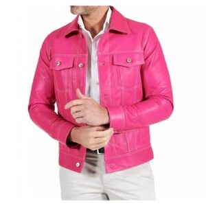 Zafy Leather Men's Hot Pink Trucker Jacket 100% Lambskin Leather Denim Style Jacket - Image 1