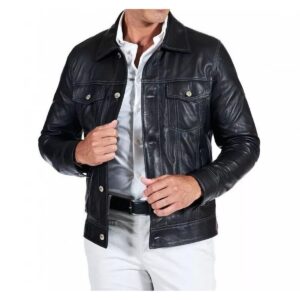 Zafy Leather Men's Black Trucker Jacket 100% Lambskin Leather Denim Style Jacket - Image 1