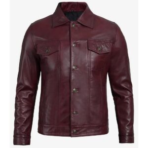 Zafy Leather Men's Genuine Sheepskin Burgundy Trucker Jacket Soft Leather Denim Jacket - Image 3
