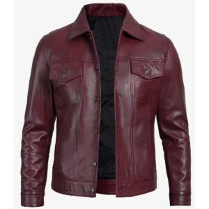 Zafy Leather Men's Genuine Sheepskin Burgundy Trucker Jacket Soft Leather Denim Jacket - Image 1