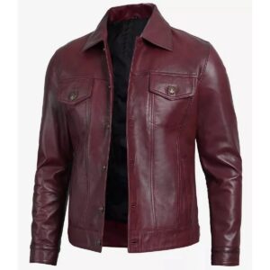 Zafy Leather Men's Genuine Sheepskin Burgundy Trucker Jacket Soft Leather Denim Jacket - Image 2