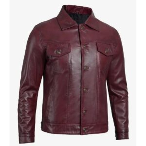Zafy Leather Men's Genuine Sheepskin Burgundy Trucker Jacket Soft Leather Denim Jacket - Image 4