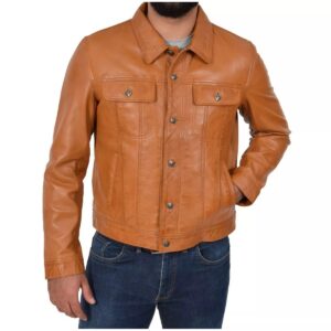 Zafy Leather Men's Tan Trucker Jacket 100% Real Leather Biker Denim Jacket - Image 1