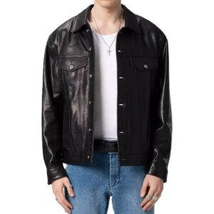 Zafy Leather Men's Genuine Lambskin Leather Trucker Jacket Black Biker Denim Style Jacket - Image 1