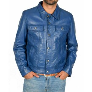 Zafy Leather Men's Real Leather Denim Style Trucker Jacket Soft Lambskin Blue Jacket - Image 1