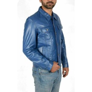 Zafy Leather Men's Real Leather Denim Style Trucker Jacket Soft Lambskin Blue Jacket - Image 2