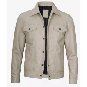 Zafy Leather Men's Biker 100% Real Lambskin Beige Leather Trucker Coat Jacket - Image 1