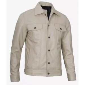 Zafy Leather Men's Biker 100% Real Lambskin Beige Leather Trucker Coat Jacket - Image 4