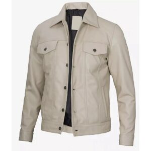 Zafy Leather Men's Biker 100% Real Lambskin Beige Leather Trucker Coat Jacket - Image 2