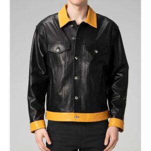 Zafy Leather Men's Black and Yellow Denim Trucker Lambskin Leather Jacket - Image 1