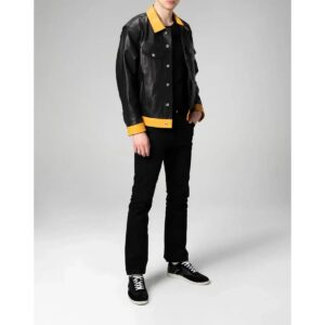 Zafy Leather Men's Black and Yellow Denim Trucker Lambskin Leather Jacket - Image 2