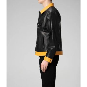 Zafy Leather Men's Black and Yellow Denim Trucker Lambskin Leather Jacket - Image 3