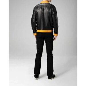 Zafy Leather Men's Black and Yellow Denim Trucker Lambskin Leather Jacket - Image 4