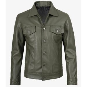 Zafy Leather Men's Olive Green100% Real Lambskin Leather Trucker Denim Style Jacket - Image 4