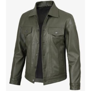 Zafy Leather Men's Olive Green100% Real Lambskin Leather Trucker Denim Style Jacket - Image 3