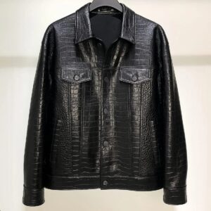 Zafy Leather Men's Black Croco Embossed Leather Trucker Jacket Denim Style Jacket - Image 1