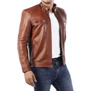 Zafy Cafe Racer Tan Biker Leather Jacket for Men's Real Lambskin Leather Jacket - Image 3
