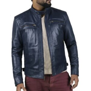 Zafy Men's Jacket Genuine Lambskin Navy Blue Biker Motorcycle Coat Jacket - Image 1