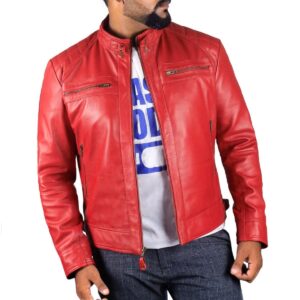 Zafy Leather Men's Red Leather Jacket Genuine Lambskin Slim Fit Biker Jacket