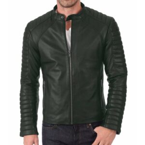 Zafy Leather Men's Dark Green Leather Jacket Genuine Lambskin Moto Biker Cafe Racer - Image 1