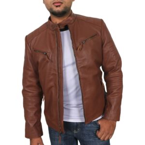 Zafy Men's Tan Genuine Leather Biker Jacket 100% Lambskin Motorcycle Jacket - Image 1