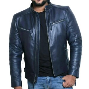 Zafy Men's Navy Blue Soft Leather Jacket Genuine Lambskin Biker Racer Jacket - Image 1