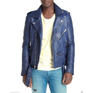 Zafy Leather Genuine Lambskin Leather Jacket For Men's Blue Biker Coat Jacket - Image 1