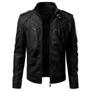 Zafy Leather Men's Black Real Sheepskin Leather Jacket Retro Slim Fit Biker Jacket - Image 1