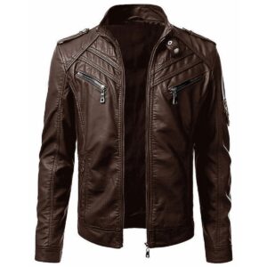 Zafy Leather Brown Men's Real Sheepskin Leather Jacket Slim Fit Biker Retro Racer Jacket - Image 1
