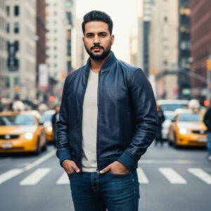 Bomber Casual Leather Jacket Men Genuine Lambskin Navy Blue Coat Jacket - Image 1