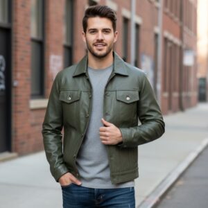 Zafy Leather Men's Olive Green100% Real Lambskin Leather Trucker Denim Style Jacket - Image 1