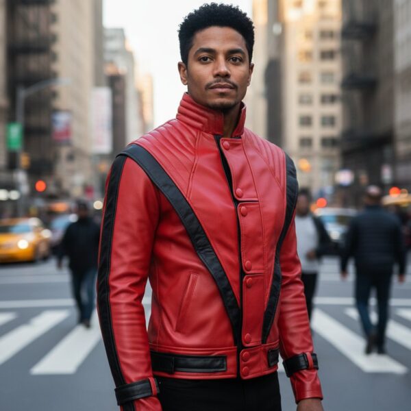 Michael Jackson Thriller MJ Real Leather Jacket Halloween Costume Cosplay Red Jacket