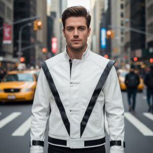 Michael Jackson Thriller MJ White Real Leather Jacket Halloween Costume Cosplay - Image 1